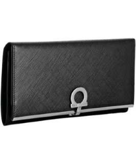 Ferragamo black leather metal bar continental wallet   up to 