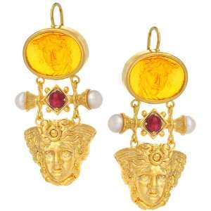   Gold Amber Venetian Glass Ruby and Freshwater Pearls Earrings Jewelry