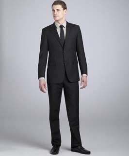 Hickey black pinstripe wool 2 button suit with flat front trousers