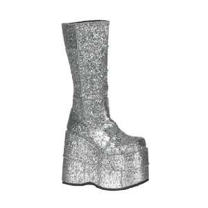  Demonia Stack 301 7 Inch Platform Silver Glitter Knee Boot 