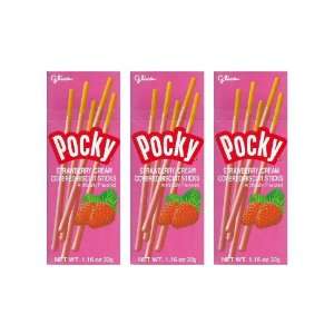 Pocky Strawberry Cream Covered Biscuit Sticks , 3 Pak
