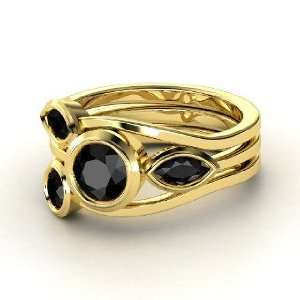  Vine Ring Set, Round Black Diamond 14K Yellow Gold Ring Jewelry