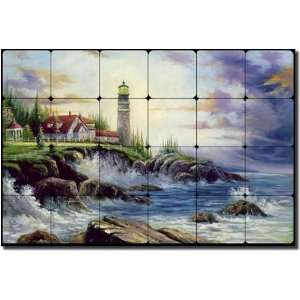 Coastal Light by C. H. Ching   Lighthouse Seascape Tumbled Marble Tile 