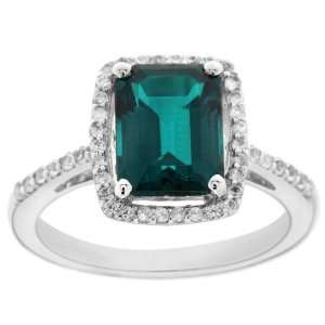   Silver Created Emerald and Created White Sapphire Octagon Ring, Size 8