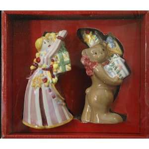  Nikko 3D Christmas Salt and Pepper Shakers Girl and Teddy 