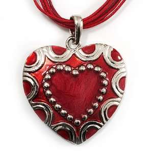  Red Enamel Heart Cotton Cord Pendant Necklace(Silver Tone 