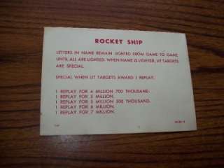 1958 GOTTLIEB ROCKET SHIP ORIG PINBALL INST. SCORE CARD  