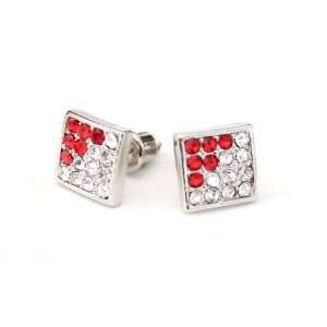  Iced Hip Hop Square CZ Stud Red & Clear Earrings 