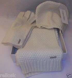   WOMENS 3 PIECE SET (HAT SCARF GLOVES) IN CK GIFT BOX MSRP $68 NWT