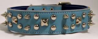 24 LIGHT BLUE Leather Spiked Dog Collar 1.5 Wide BB4  