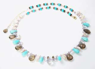 Smoky Quartz Amethyst Turquoise Biwa Pearl Necklace  