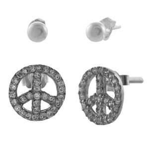   Cubic Zirconia Peace Sign and Ball Stud Earrings (Set of 2) Jewelry