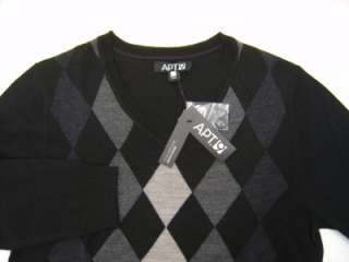 Mens Apt 9 Argyle V neck Merino Wool Small Sweater Black Gray Charcoal 