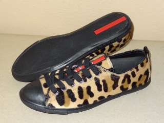 NIB 100% Authentic Prada Calf Hair Leopard Print Womens Sneaker Sz 38 