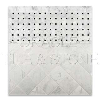 Carrara White Marble Honed Basketweave w/ Blk Dots  