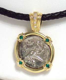 18k GOLD SILVER DIAMONDS COIN PENDANT LEATHER NECKLACE  
