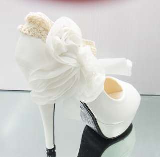 White/Ivory Royal Wedding Ankle Knot Flowers Platform HighHeels 