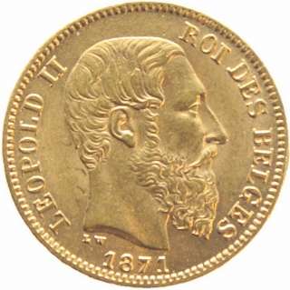 BELGIUM 20 FRANCS KM# 37 XF++ GOLD COIN Leopold II 1871  