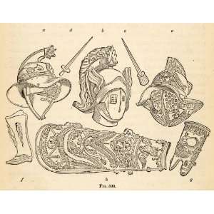  1876 Wood Engraving Roman Armor Gladiator Weapons Helmets 