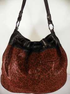 Makowsky Leopard Print Suede Drawstring Hobo Handbag~Bronze  