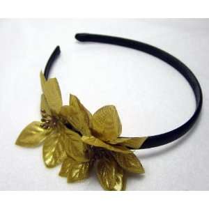  NEW Gold Poinsettia Flower Black Satin Headband, Limited 