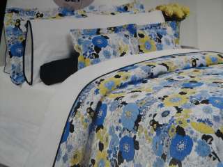 BLACK BLUE YELLOW MOD FLORAL Queen Comforter 6p SET  