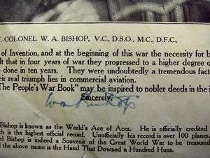 WAR BOOK AUTOGRAPHED BY WWI ACE PILOT COL. W.A. BISHOP  