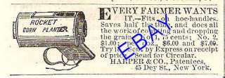 VERY OLD 1870 HARPER ROCKET HAND CORN PLANTER AD NY  