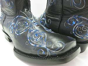   LADIES SQUARE TOE COWBOY BOOTS BUTTERFLY EMBROIDERED RODEO RHINESTONE