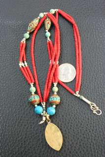 AFGHAN TRADITIONAL CORAL STONE& SILVER PENDANT NECKLACE  