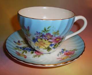 Crown Staffordshire Florals on Blue Tea Cup and Saucer Set  