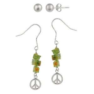  Sterling Silver Peace Sign and Green Hand Blown Glass Chip 