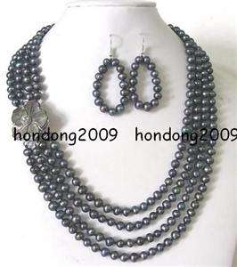 WOW4 Rows 6 7MM Black FW Pearls Necklace Earrings Set  