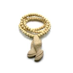  Natural Wooden Prayer Hands Pendant with a 36 Inch Wooden 