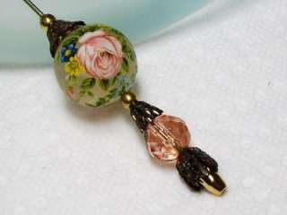   Painted Roses on Lucite & Faceted Crystal Filigree Hat Pin 5  