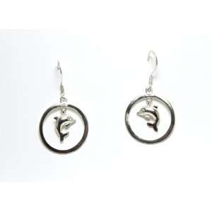  Silver Dolphin in circle Hook Earrings Jewelry