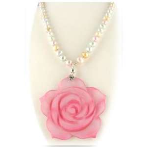   Pink Carved Mother of Pearl Pendant and Freshwater Pearl Necklace