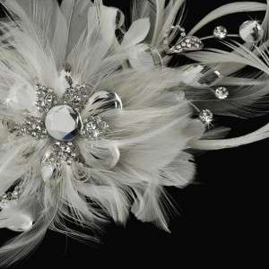 Vintage Bridal Feather Hair Fascinator w / Dangling Crystals Clip 