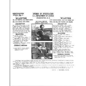 Bonnie & Clyde FBI Wanted Card 8 1/2 x 11 Photograph