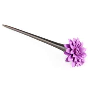 Hand Carved Sono Wood Hair Stick   Painted Leather Flower   Violet   7 