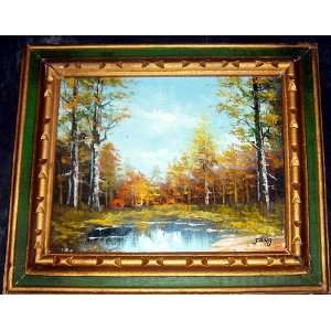  Decorative Small framed Oil Painting  Pond Landscape 