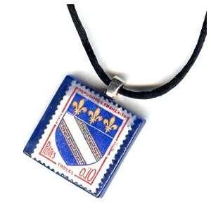Postage Stamp Pendant Necklace   French   Blue