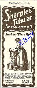 1904 SHARPLES TUBULAR CREAM SEPARATOR AD WEST CHESTER  