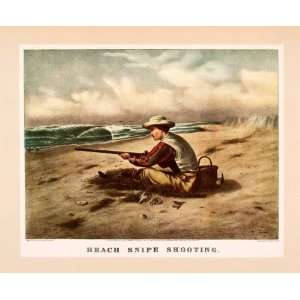 1942 Print Currier Ives Beach Snipe Shooting Hunter Birds Ocean Rifle 