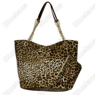   PU Leather Leopard Print Handbag Tote Bag Chain Handles + Purse  