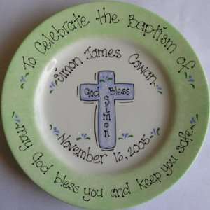   painted personalized green edge with blue cross baptism plate Baby
