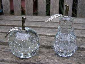 VINTAGE SILVER PLATED GLASS APPLE & PAIR PAPERWEIGHTS  