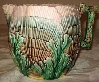 ANTIQUE ETRUSCAN MAJOLICA SHELL & SEAWEED CIDER PITCHER  