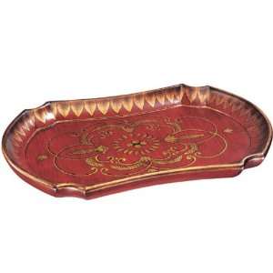   Wooden Tray with Golden Leaf Pattern in Red Finish