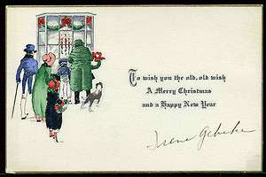  1920s Art Deco Motto Christmas Card People w/ Gifts Candles in window